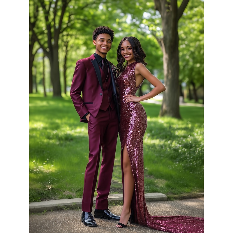 Men's Party Prom Party Suits Peaked Lapel Burgundy Fashion Formal Solid Colored Standard Fit 3 Piece Single Breasted One-button