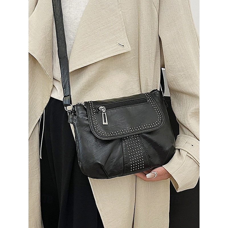 Women's Brown Faux Leather Crossbody Bag with Studded Detail – Casual, Trendy Handbag for Everyday Use, Shopping and Outings Black Red Blue4