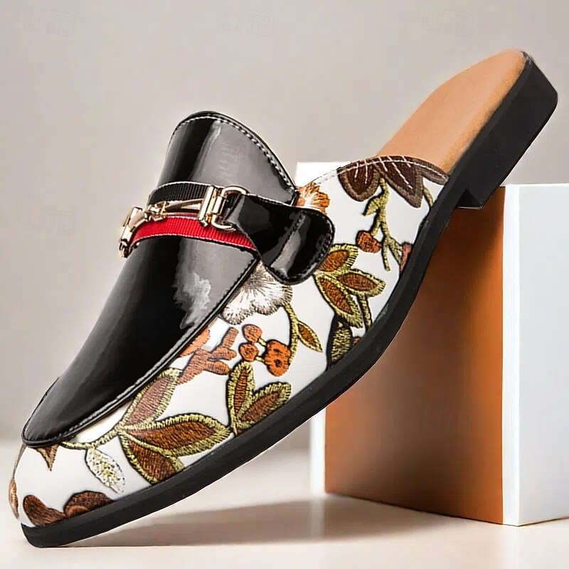 Men's Slip-On Mules with Glossy Black Patent Leather and Floral Print Design, Adjustable Strap, Perfect for Casual and Fashionable Occasions