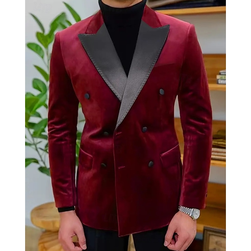 Men's Blazer Business Cocktail Party Wedding Party Fashion Casual Spring Autumn / Fall Polyester Color Block Pocket Buttons Comfortable Single Breasted Blazer Red