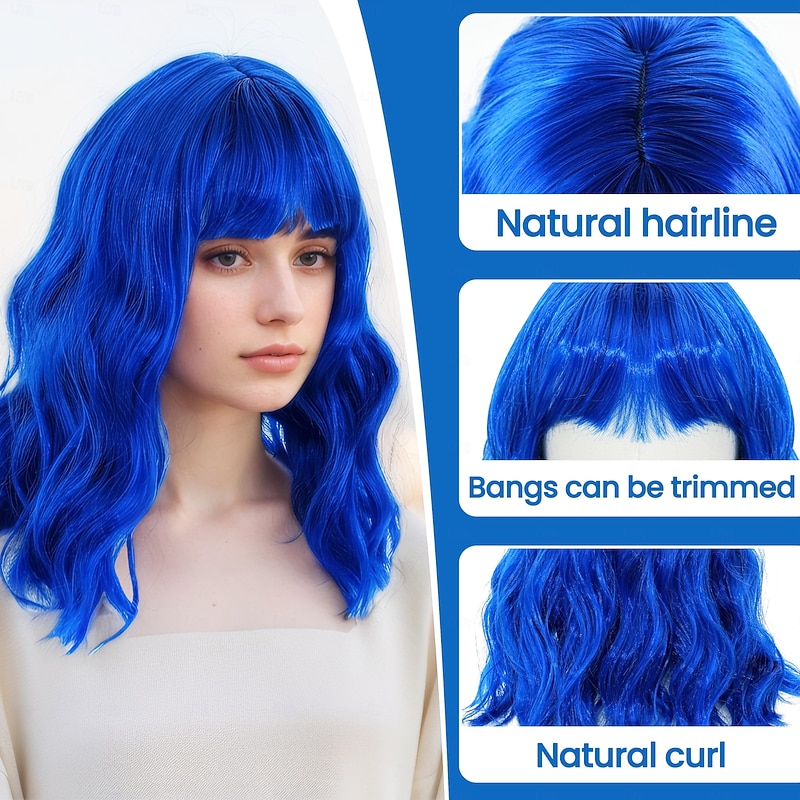Blue Wigs for Women and Girl, Wavy Dark Blue Wig Short Blue Hair Wig, Natural Bob Blue Wig with Bangs, Shoulder Length Blue Curly Wig, Synthetic Cosplay Wig