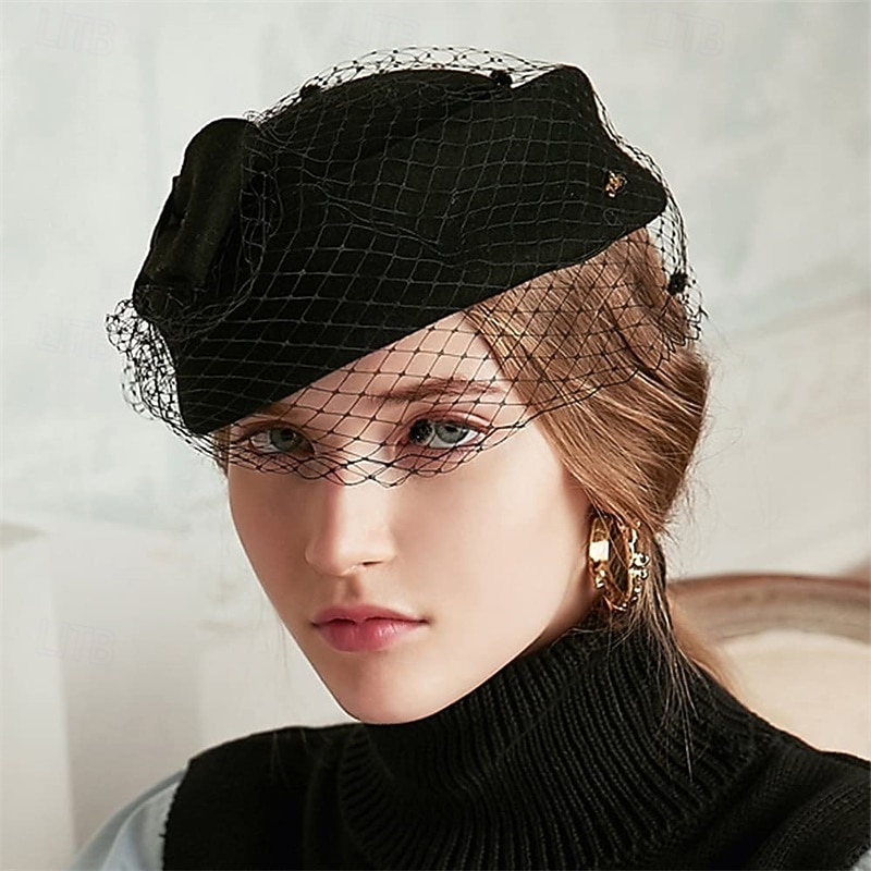 Women's British Style Pillbox Church Derby Wedding Winter Vintage Fascinator Beret Wool Felt Veil Hat4