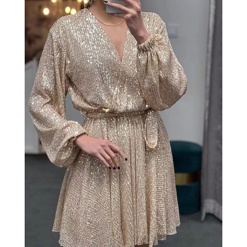 Women's Sequin Dress Mini Dress Champagne Long Sleeve Pure Color Sequins Winter Fall V Neck Vintage Fashion Elegant Puff Sleeve Mesh XL