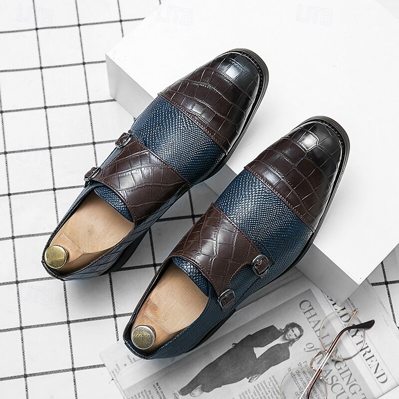 Men's Blue and Brown Faux Leather Double Monk Strap Shoes with Crocodile Print – Premium Formal Footwear for Stylish Men, Ideal for Business, Weddings, and Special Events4
