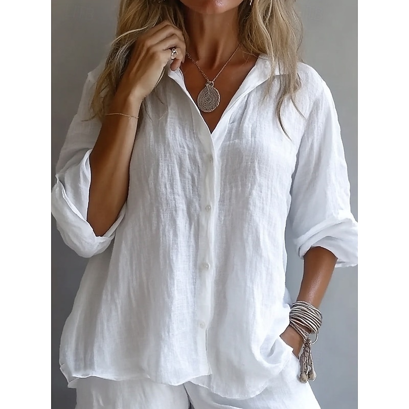 Women's Cotton Linen Shirts Button Up Blouse Plain Casual Long Sleeve Bishop Sleeve Shirt Collar Regular Tops Daily Buttons White Yellow Pink Blue Spring Fall