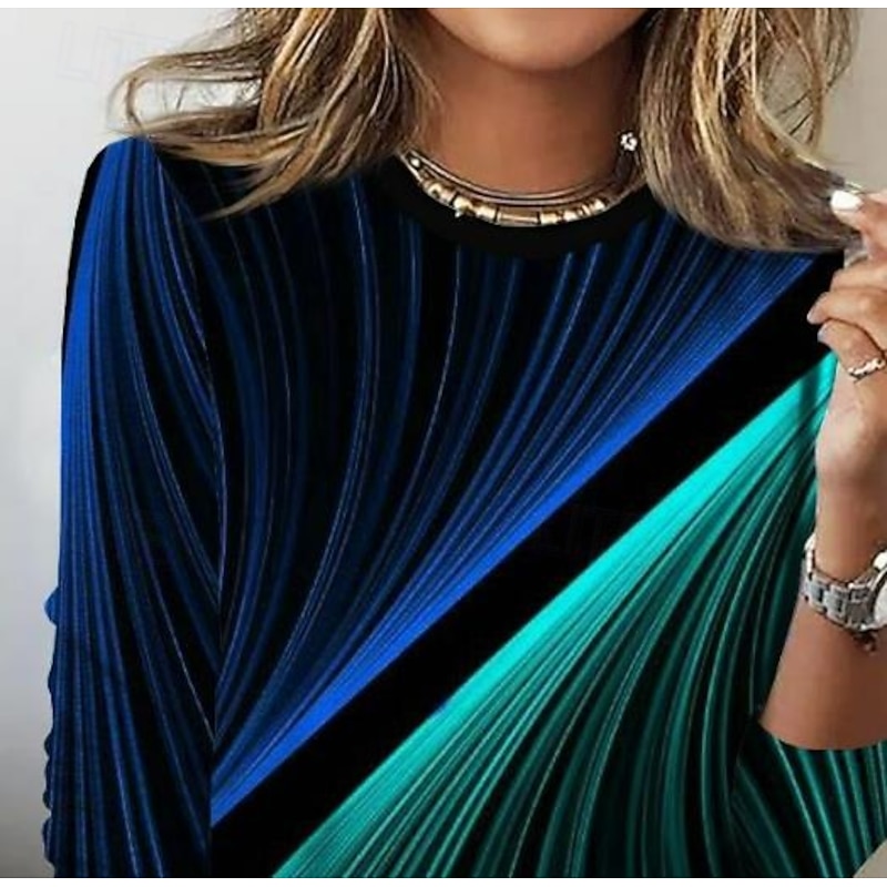 Women's T shirt Long Sleeve Ombre Casual Long Tops Daily Print Black Blue Dark Green Spring, Fall, Winter,  Prefall2