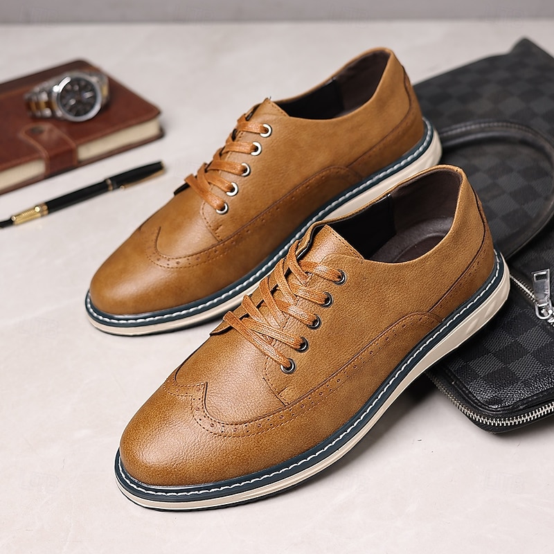 Men's Brown Faux Leather Lace-Up Sneakers with Perforated Detailing, Casual Style, Comfortable for Everyday Wear3