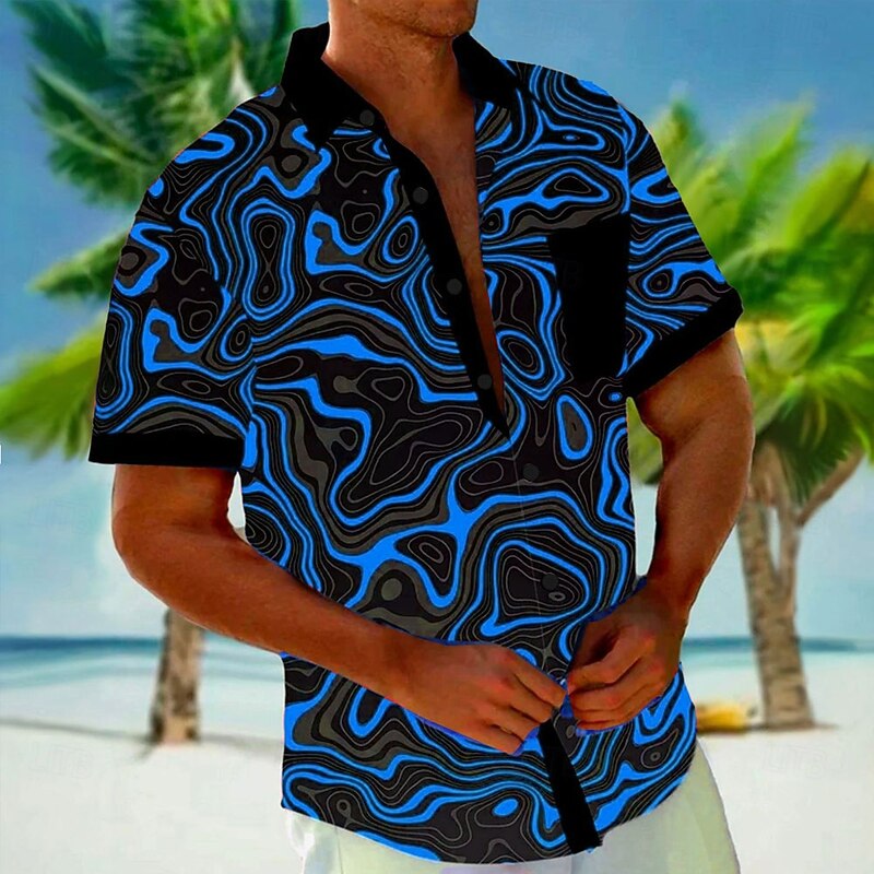Men's Geometric Lines / Waves Shirt Button Up Shirt Short Sleeve Fashion Casual Vacation Holiday Beach Wear Summer Fall Turndown 3D Print Collared Shirts Front One Pocket Red Blue Sky Blue4