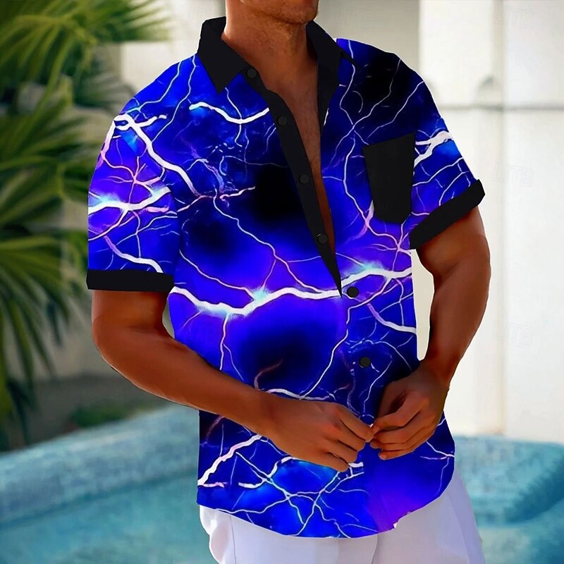 Men's Optical Illusion Lightening Shirt Button Up Shirt Short Sleeve Fashion Casual Vacation Holiday Beach Wear Summer Spring Turndown 3D Print Collared Shirts Front One Pocket Red Blue Purple