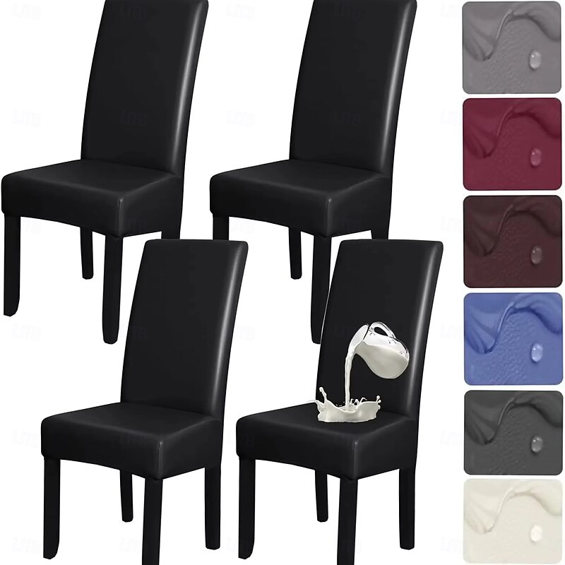 1/2/4/6 Pc Pu Leather Chair Cover Waterproof Oilproof Dining Chair Case Stretch Solid Color Seat Slipcover for Living Room Kitchen Home2