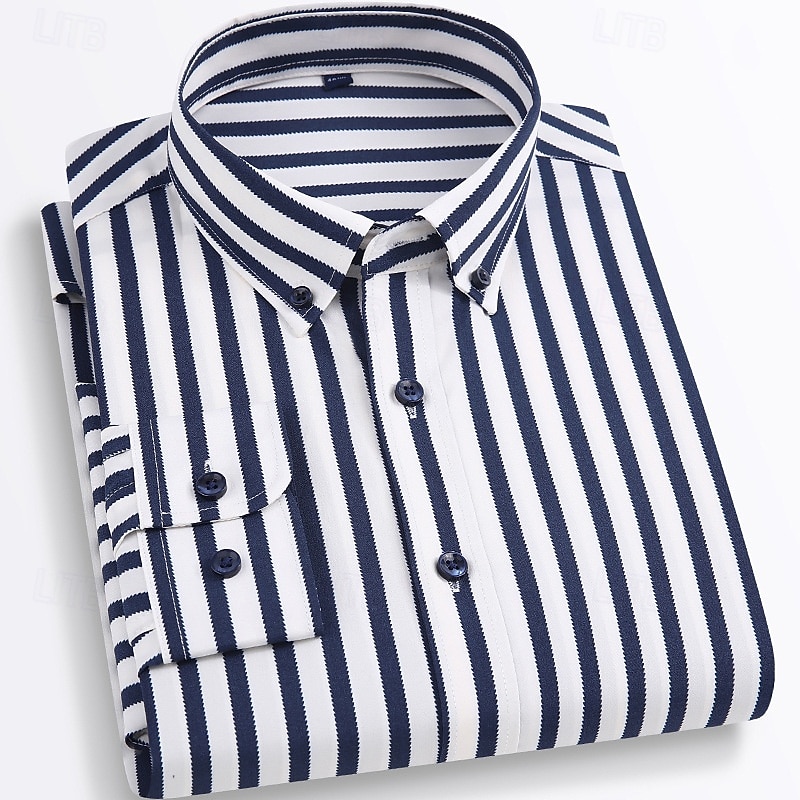Men's Shirt Dress Shirt Button Up Shirt Stripes Wedding Party Navy blue+white Black White Yellow Long Sleeve Lapel Spring Fall Clothing Apparel Pocket2