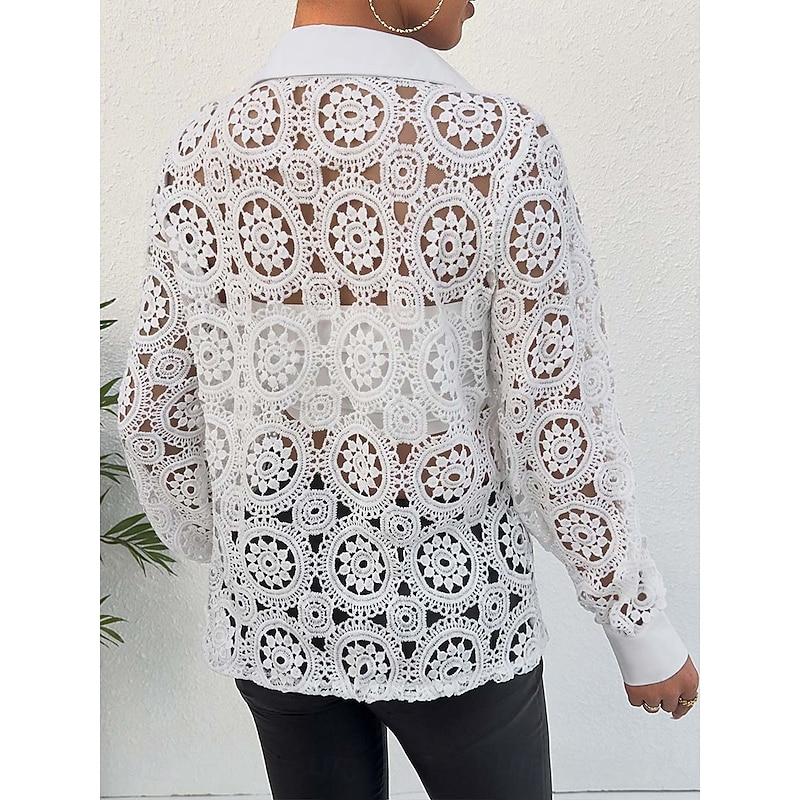 Women's Lace Splicing Top Elegant Long Sleeve V Neck Regular Tops White Summer Spring3