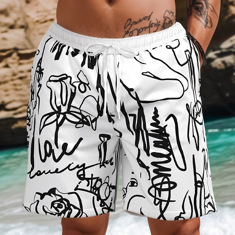 Men's Abstract Art Swim Shorts Board Shorts Swimming Trunks Mid Waist Hawaiian Casual Vacation Holiday Beach Wear Side Pockets Mesh Lining Elastic Drawstring Waist Designer Clothing Apparel