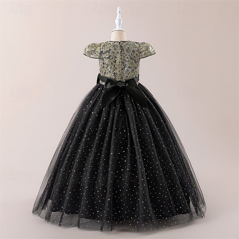 Kids Girls' Party Dress Solid Color Short Sleeve Performance Birthday Tie Knot Elegant Beautiful Polyester Maxi Party Dress Swing Dress A Line Dress Summer 6-12 Y Black Champagne Pink4