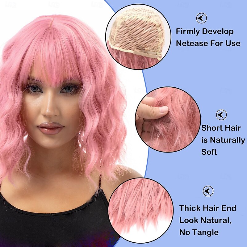 Pink Wig for Women Pink Bob Wig with Bangs, Light Pink Short Wavy Wigs for Costume Cosplay3
