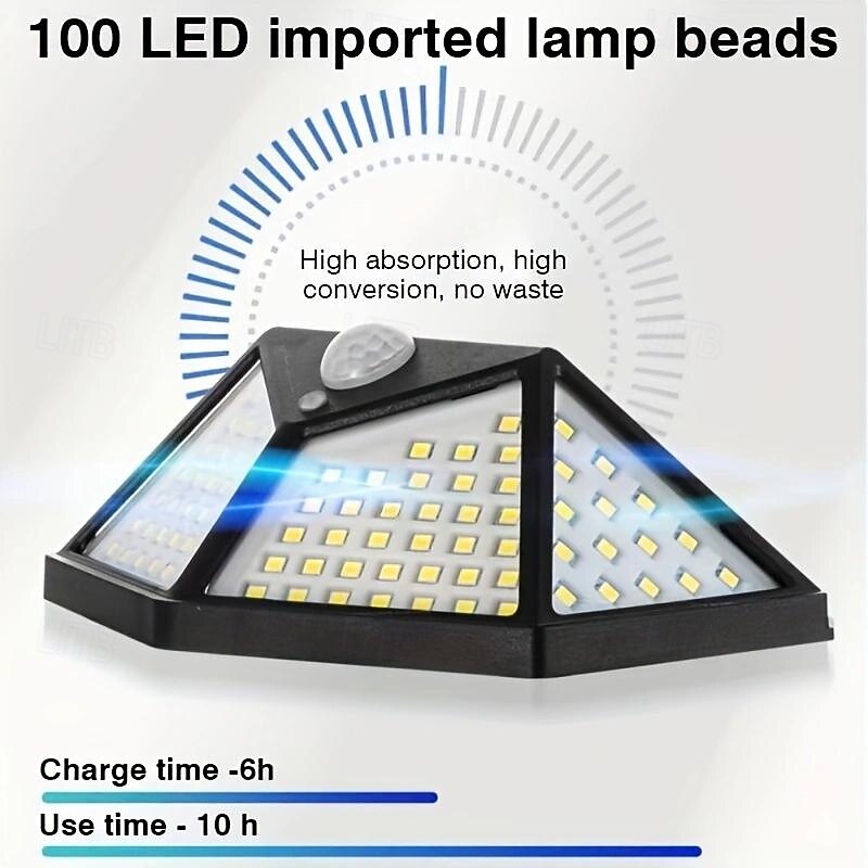 3/6 Pcs outdoor solar 100Leds 270 degree wide-angle lighting human motion sensing 3-mode courtyard garden garage fence lane lighting energy-saving and power-saving4