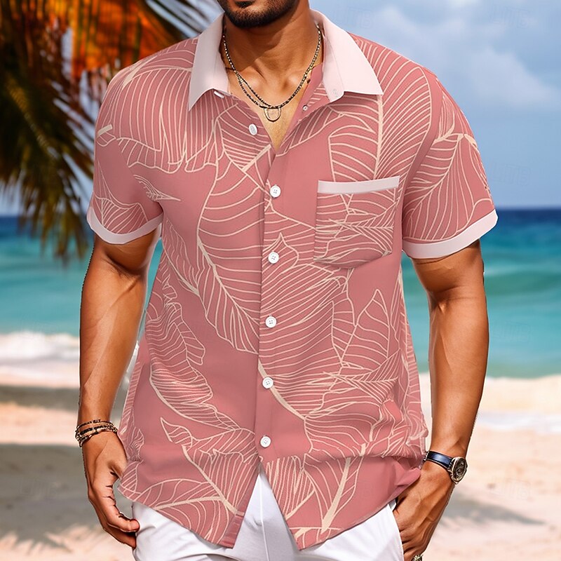 Men's Palm Leaf Tropical Plants Summer Hawaiian Shirt Button Up Shirt Short Sleeve Hawaiian Resort Vacation Holiday Beach Wear Summer Spring Turndown Collared Shirts Front One Pocket Pink