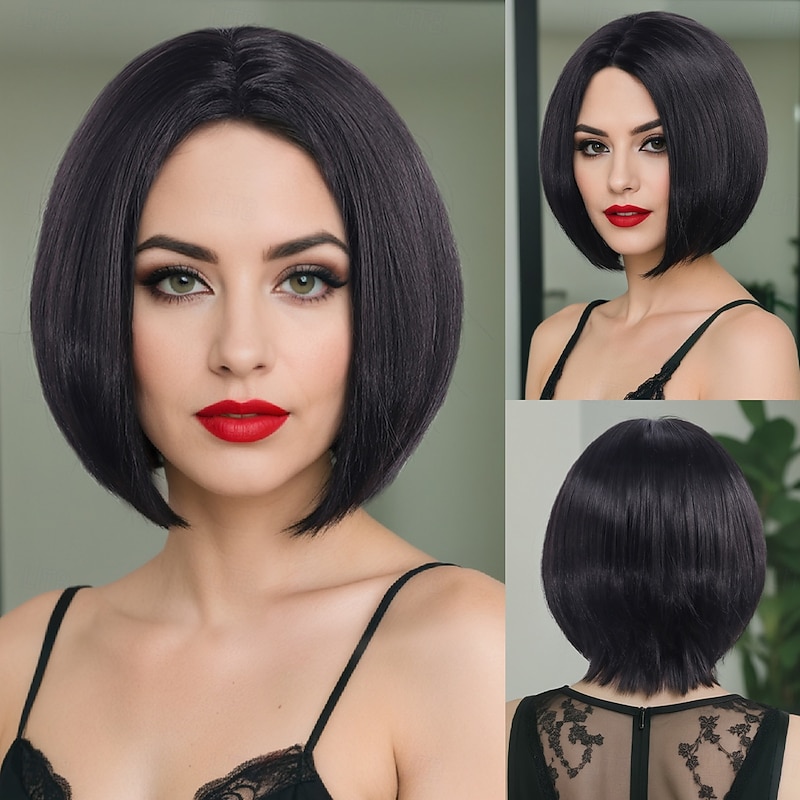 Synthetic Wig Straight With Bangs Machine Made Wig Short Black Synthetic Hair Women's Soft Party Comfortable Black Multi-color