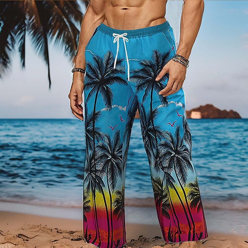 Men's Coconut Tree Tropical Plants Trousers Baggy Pants Casual Pants Mid Waist Hawaiian Vacation Holiday Beach Wear Drawstring Elastic Waist Wide Leg Summer Spring 3D Print Blue Green2