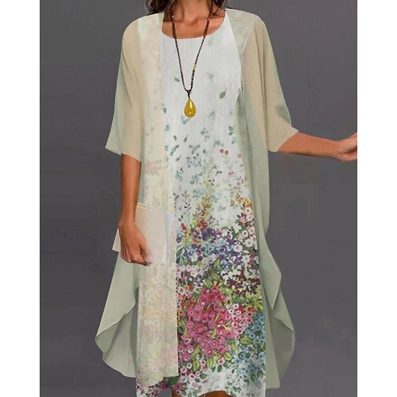 Women's Fashion Streetwear Skirt Sets 3/4 Length Sleeve Crew Neck Printing Print Daily Wear Date Light Green Purple Green Spring Regular Fit