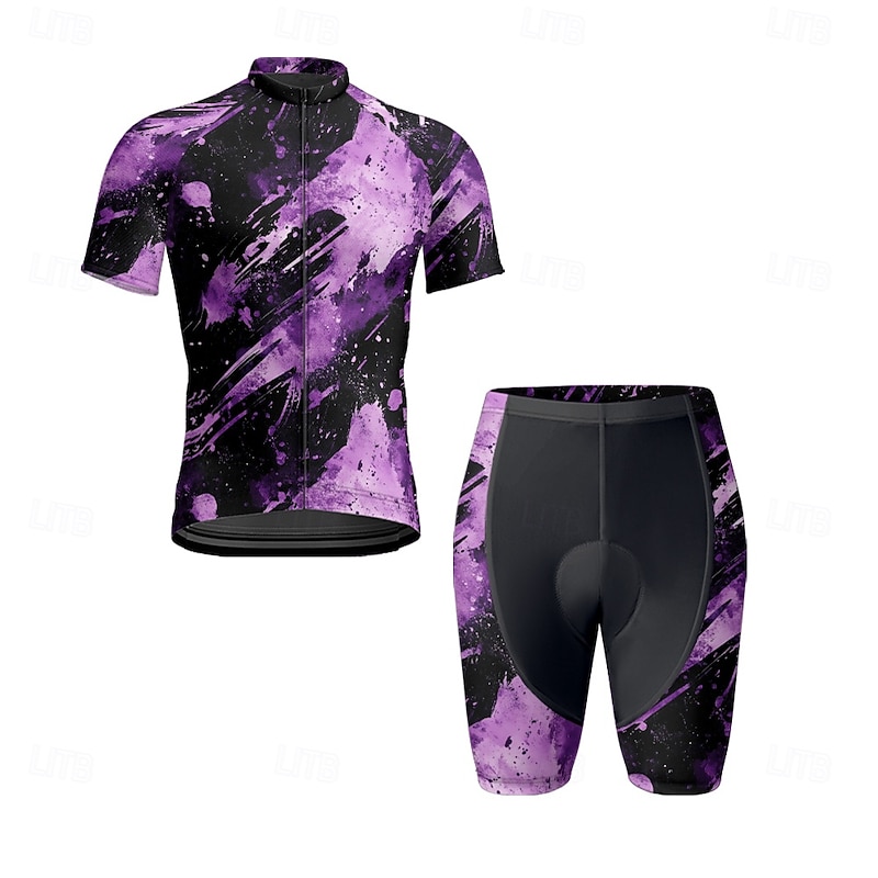 Men's Cycling Jersey with Shorts Graffiti Short Sleeve Bike Clothing Suit with 3 Rear Pockets Mountain Bike MTB Road Bike Cycling Front Zipper Sweat wicking Comfortable Breathable Sports Violet Dark2