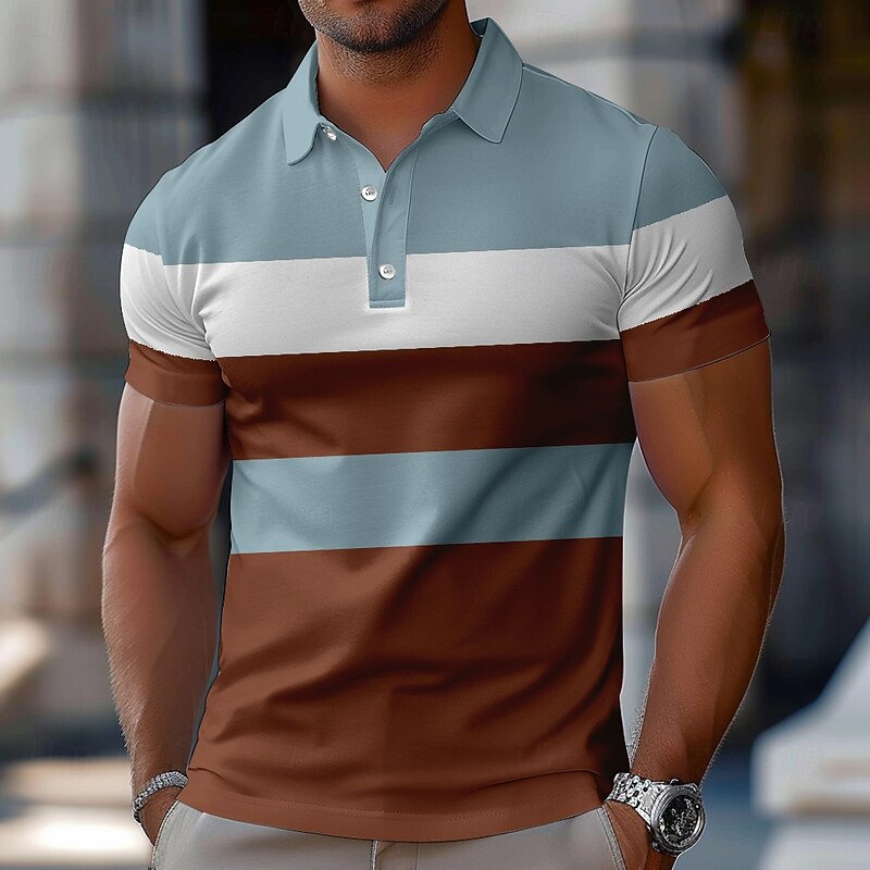 Men's Striped Rugby Polo Short Sleeve Polo Shirts Collared Shirts Casual School Outdoor Athleisure Daily Wear 3D Print Summer Spring Fall Black Brown Green3