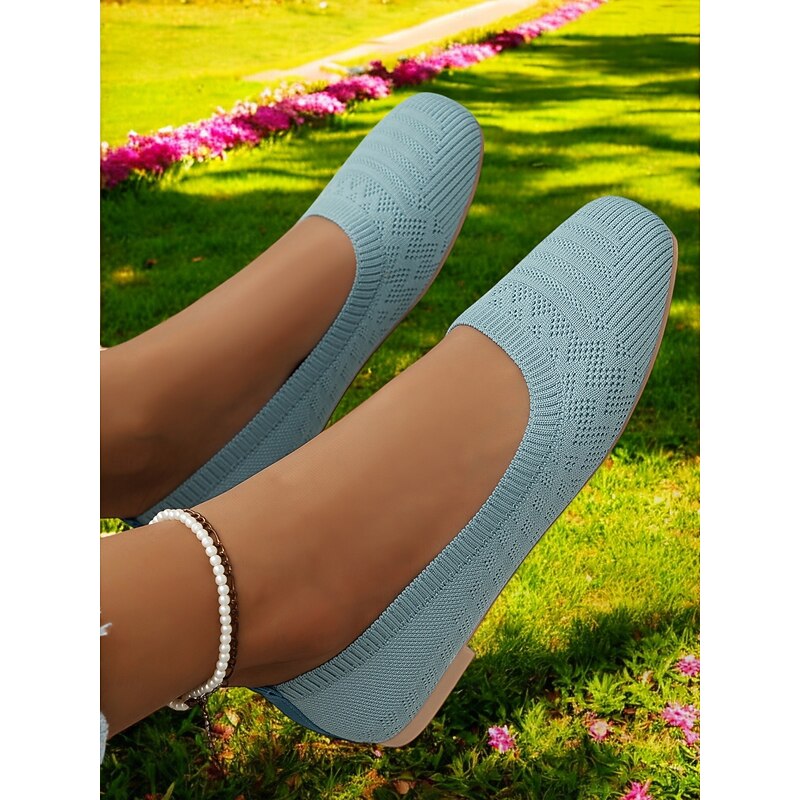 Women's Light Blue Knit Flats – Breathable Square-Toe Slip-On Shoes with Cushioned Insole for Work & Casual Wear3