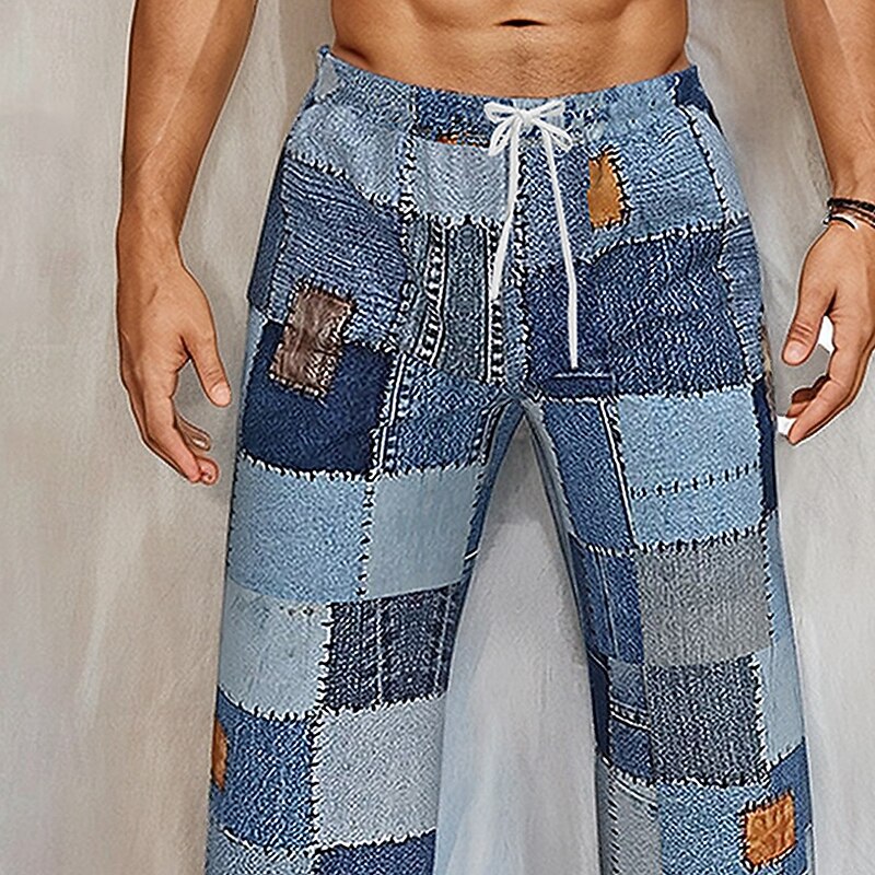 Men's Geometric Color Block Patchwork Trousers Baggy Pants Casual Pants Mid Waist Vintage Retro Outdoor Vacation Streetwear Drawstring Elastic Waist Wide Leg Summer Spring 3D Print Blue2