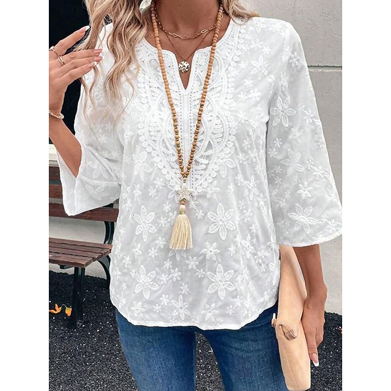 Women's Blouse Solid Color Elegant Daily Stylish 3/4 Length Sleeve V Neck Regular Tops Work Daily Holiday Embroidered White Summer Spring Fall