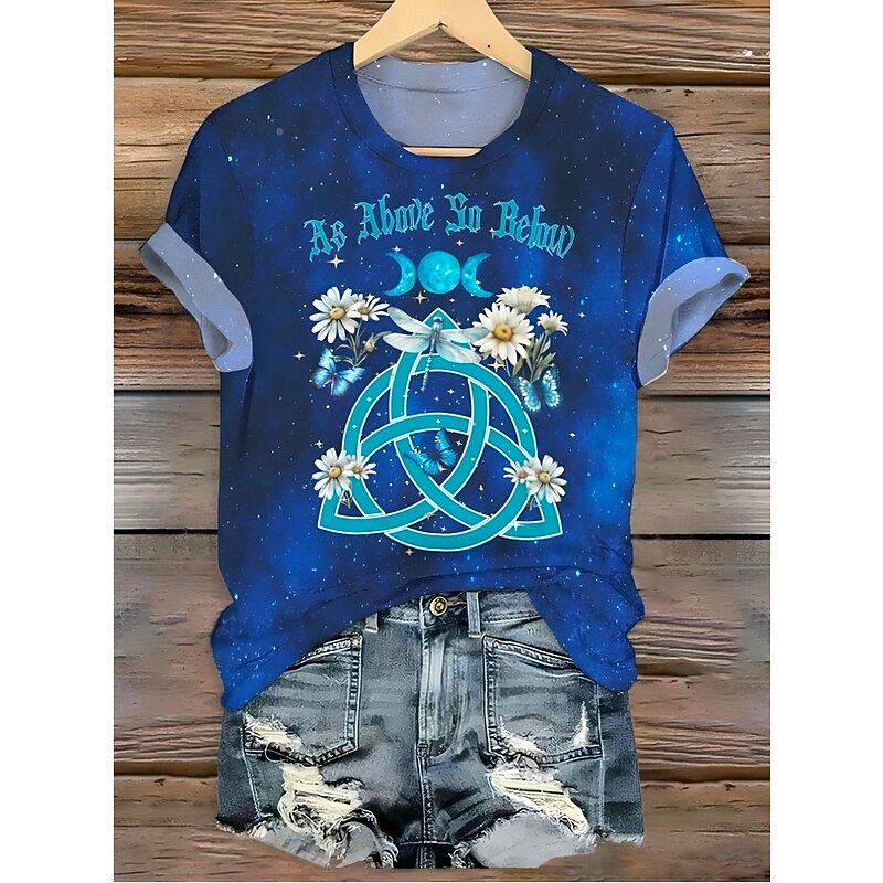 Halloween Women's T shirt Witch Graphic Vintage Fashion Stylish Short Sleeve Round Neck Regular Tops Daily Going out Weekend Print Black Blue Summer2