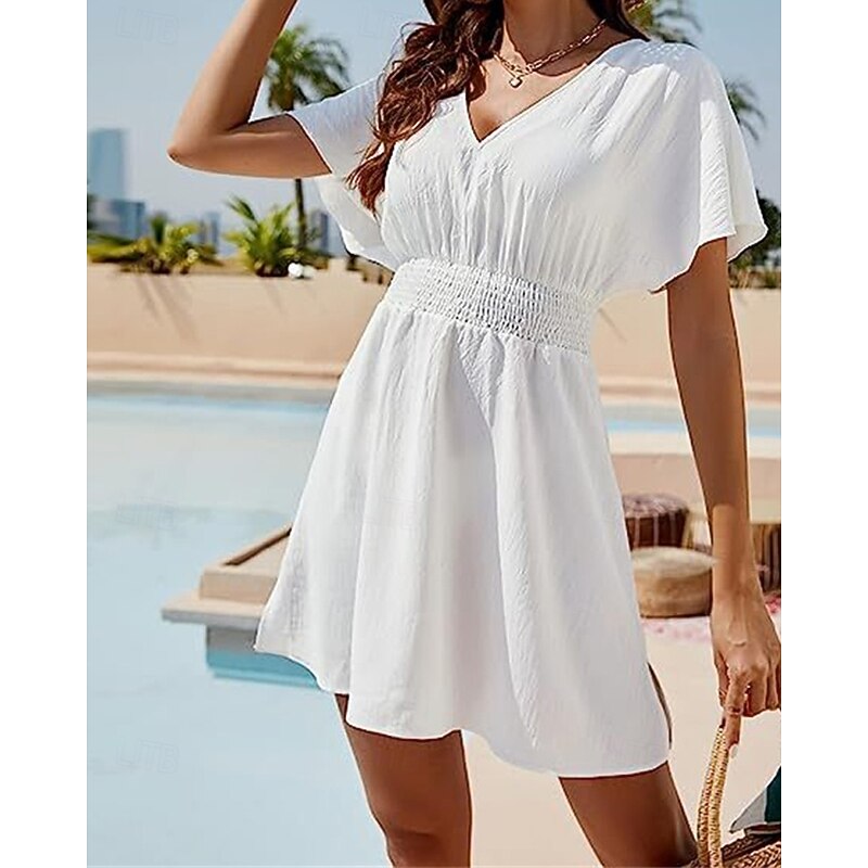 Women's Mini Dress White Dress Casual Dress Summer Dress Fashion Batwing Sleeve Outdoor Holiday Date Regular Fit Plain Short Sleeve V Neck Black White Summer Spring2