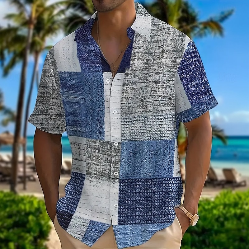 Men's Geometric Color Block Patchwork Shirt Button Up Shirt Short Sleeve Fashion Casual Vacation Holiday Streetwear Summer Turndown 3D Print Collared Shirts Front One Pocket Blue Khaki3