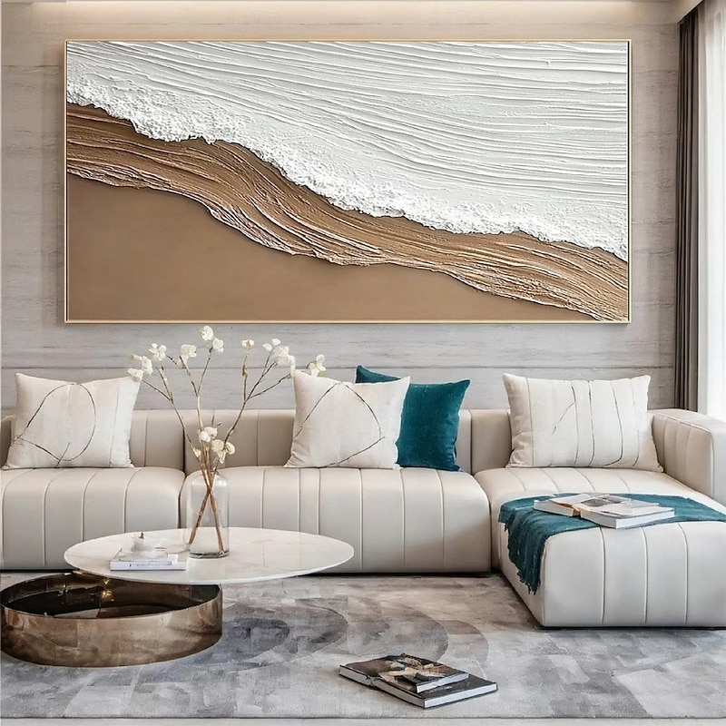 Original White Ocean Wave Art Beach Abstract Painting White Wall Art Brown 3D Texture Painting Brown Beach Wall Art Modern Pastel Room Decor3