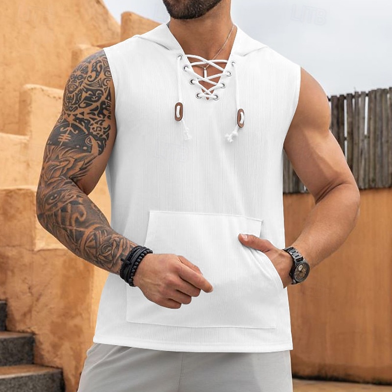 Men's Tank Top Sleeveless Hoodie Sleeveless Shirt Sleeveless Hooded Summer Pit Strip Fashion Designer Muscle Lace up Pocket Outdoor Gym Black White Khaki Top Tee for Men