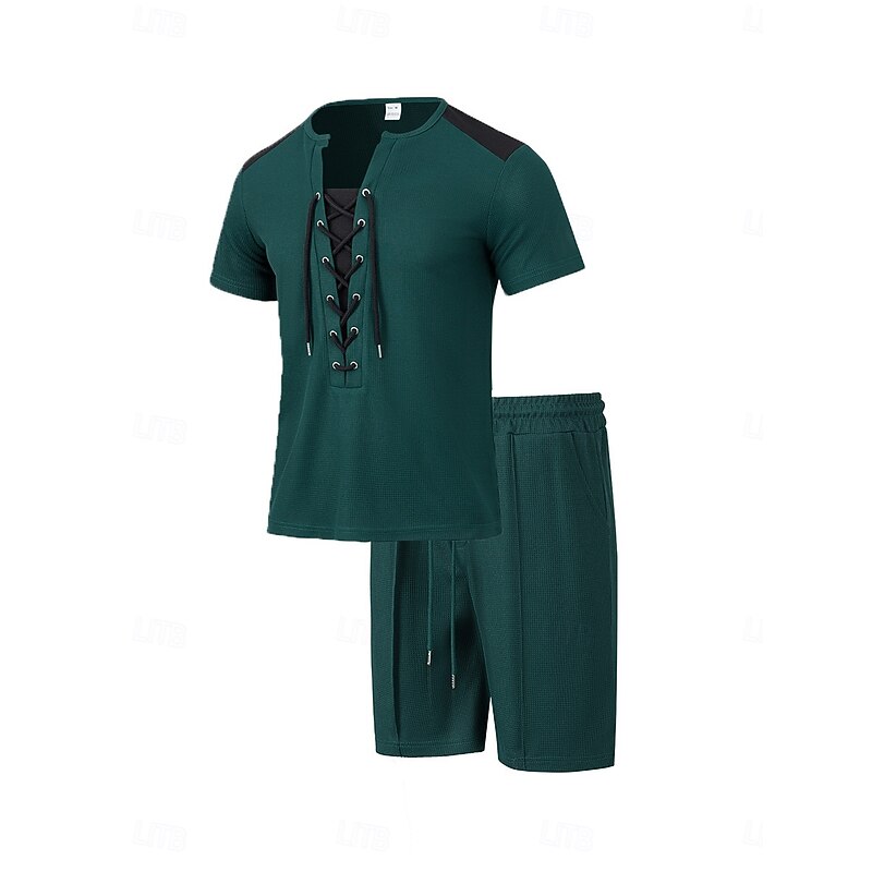 Men's T-shirt Suits 2 Pieces Outfits Tee & Shorts Short Sleeve Crewneck Summer Color Block Fashion Casual Drawstring 2 Piece Vacation Daily Wear Going out Black White Wine Top Tee for Men4