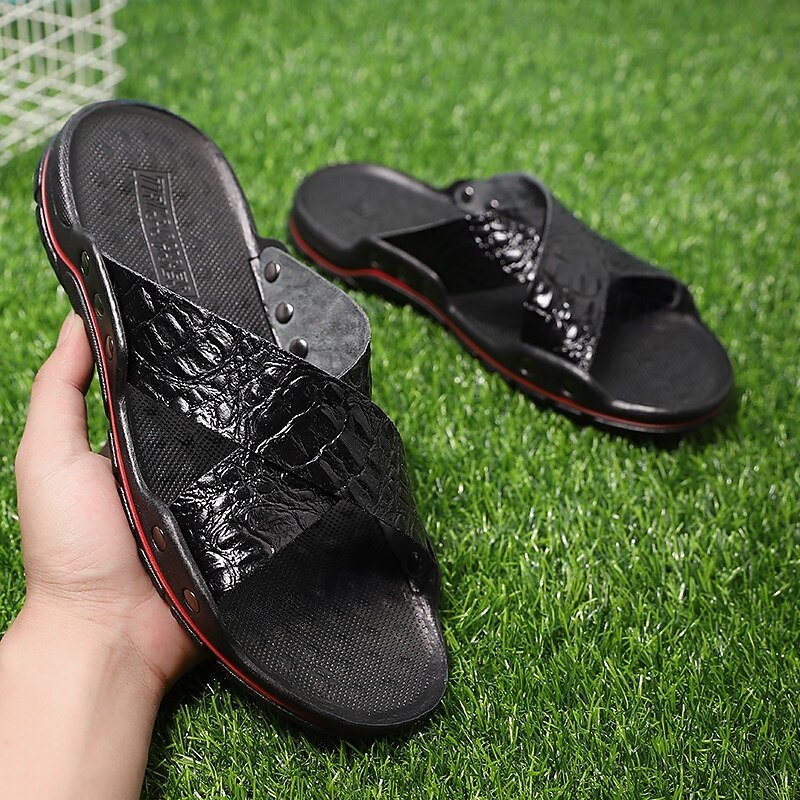 Men's Black Crosstrapped Sandals with Crocodile Pattern and Comfortable Rubber Sole – Casual Outdoor Footwear for Summer, Beach and Daily Wear3