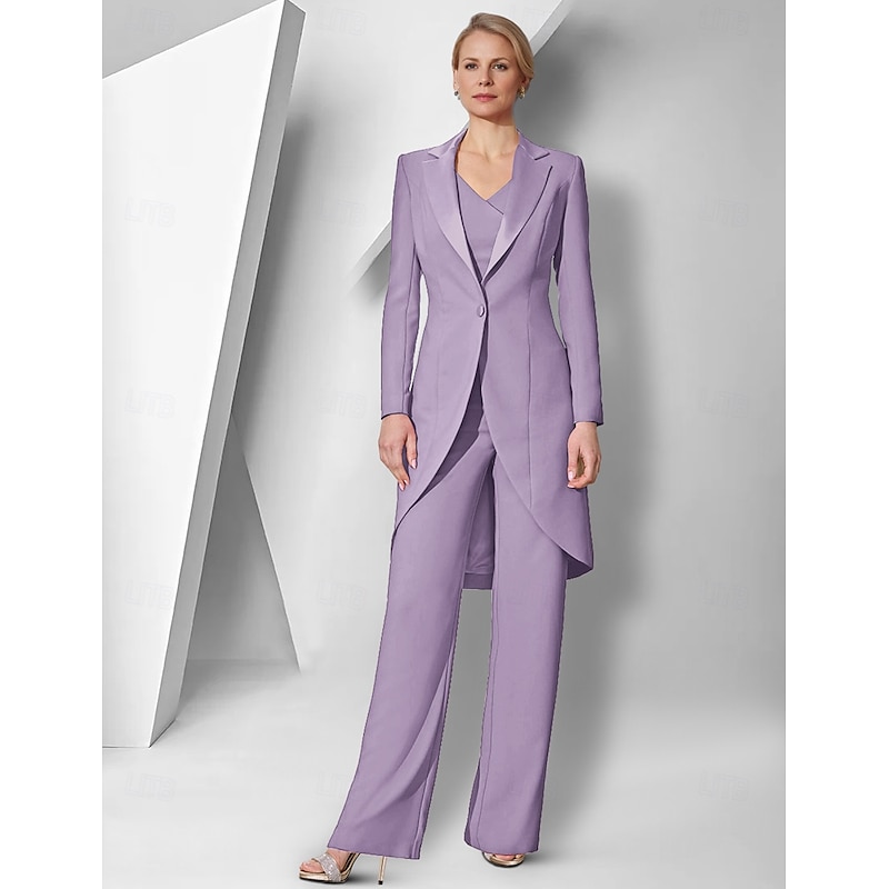 Women's 3 Pieces Suits Formal Wedding Guest Stretch Fabric Elegant Long Sleeve Floor Length Notched Lapels Single Breasted