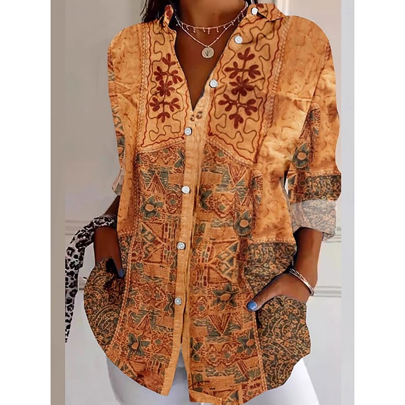 Women's Shirt Button Down Tunic Shirt Collar Long Sleeve Floral Casual Regular Tops Work Daily s Print Yellow Spring Fall Winter
