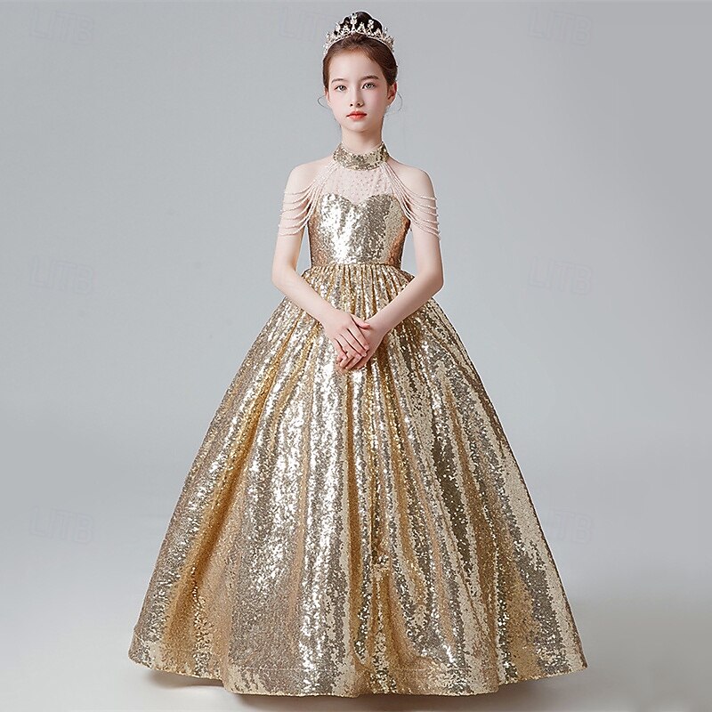 Kids Girls' Party Dress Solid Color Sleeveless Performance Birthday Sequins Elegant Beautiful Polyester Maxi Party Dress Swing Dress A Line Dress Summer 4-12 Years Pink Blue Gold3