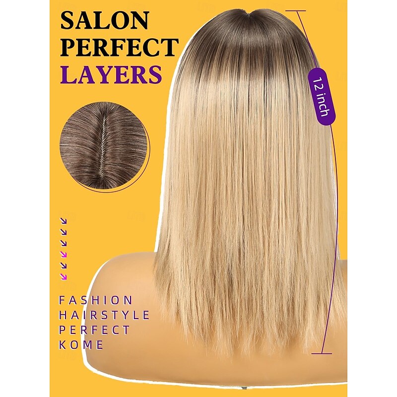 Ombre Light Brown Bob Wig with Bangs, Short Straight Hair Wigs for Women,Synthetic Heat Resistant Natural Looking Hair Wig for Party Cosplay Dality Use4