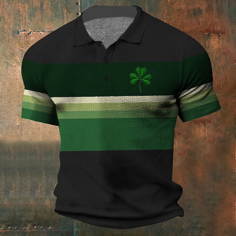 Men's Shamrock Waffle Polo Shirts Short Sleeve Polo Shirts Collared Shirts Casual Business Casual Party Evening Wear Dailywear Festival Outfit Buttons 3D Print Summer Black White Dark Green4