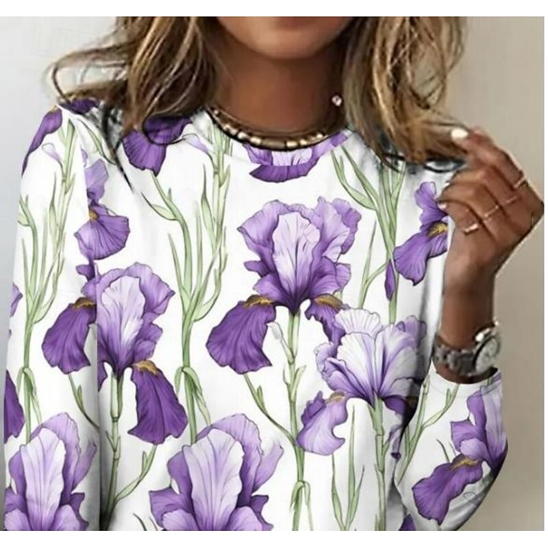 Women's T shirt Long Sleeve Crew Neck Long Sleeve Tunic Floral Elegant Vintage Regular Tops Daily Going out Weekend Print Purple Prefall2