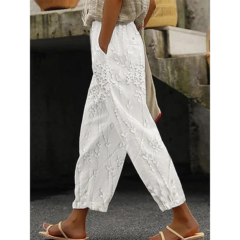 Women's Cotton Linen Pants Baggy Pants Linen Like Fashion Streetwear Full Length High Waist Floral Printing Thermal Warm Breathable Soft Micro-elastic Outdoor Daily Linen Like White Fall Winter