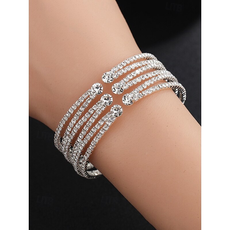 Women's Multi-layered Rhinestone Cuff Bracelet - Elegant Silver Jewelry with Sparkling Rhinestones for Weddings, Parties and Special Occasions