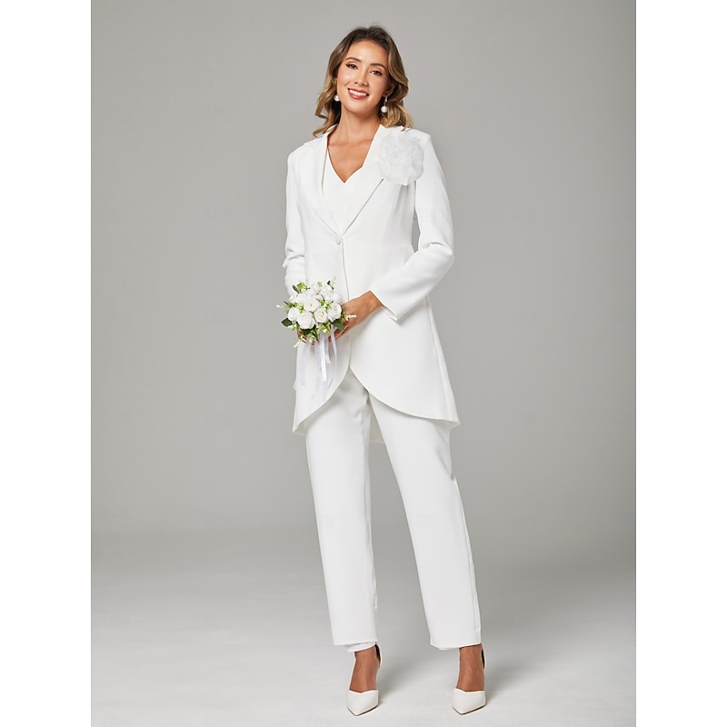 Women's 3 Pieces Suits Wedding Guest Wedding Party Stretch Crepe Elegant Open Back Long Sleeve Ankle Length Peak Lapel Single Breasted