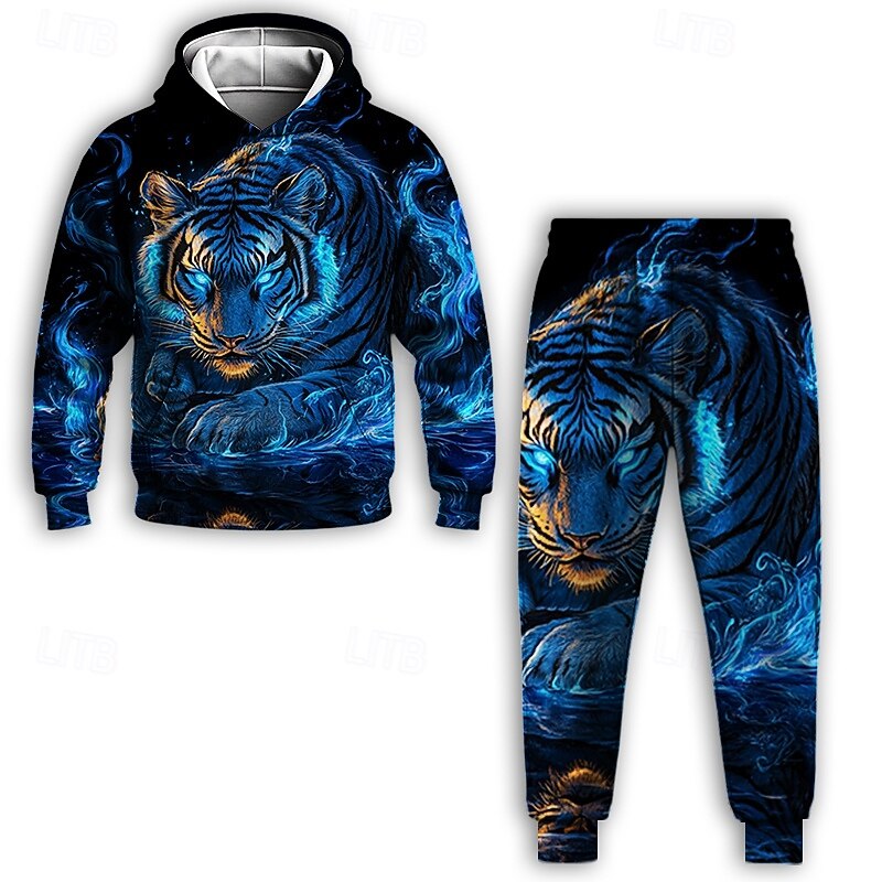 Boys 3D Graphic Animal Tiger Hoodie & Sweatpants Set Sports Suit Tracksuits Long Sleeve Spring Fall Daily Basic Casual Kids 4-12 Years Hooded Outdoor Vacation Sports Tailored Fit