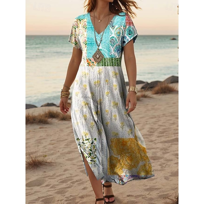 Women's Maxi Dress Casual Dress A Line Dress Stylish Casual Vacation Daily Regular Fit Floral Short Sleeve V Neck White Orange Green Gray Summer Spring