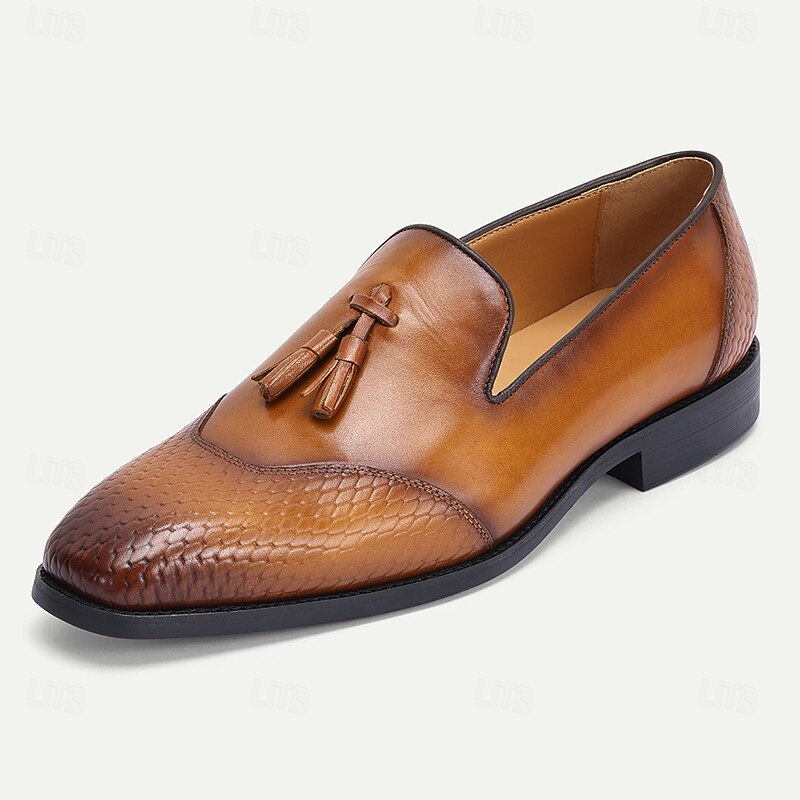 Men's Tan Leather Loafers with Snake-Print Detailing and Tassel Accent – Premium Cowhide Slip-On Dress Shoes for Business, Formal Occasions, and Everyday Wear3