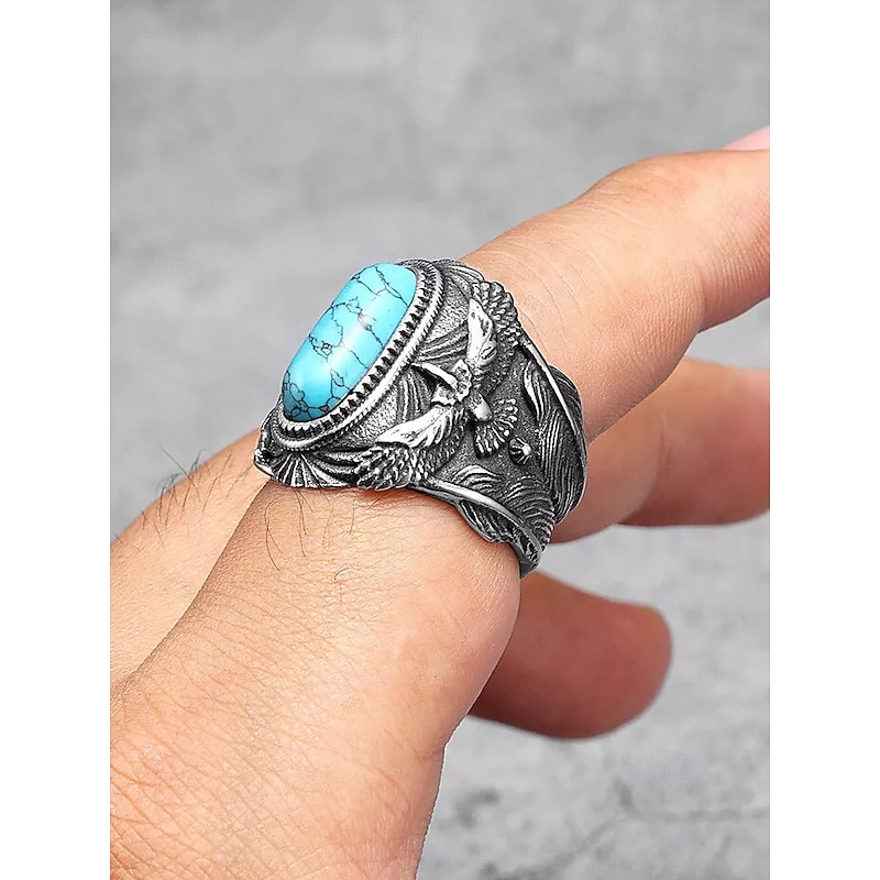 Stainless Steel Turquoise Ring with Eagle Design  Vintage Western Style Ring for Men  Unique Statement Jewelry for Casual & Outdoor Wear2