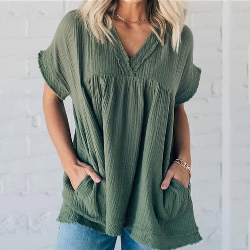 Women's Shirt Linen Shirt Cotton Linen Shirts Plain Daily Stylish Basic Short Sleeve V Neck Regular Tops Work Daily Holiday Black Army Green Gray Summer4